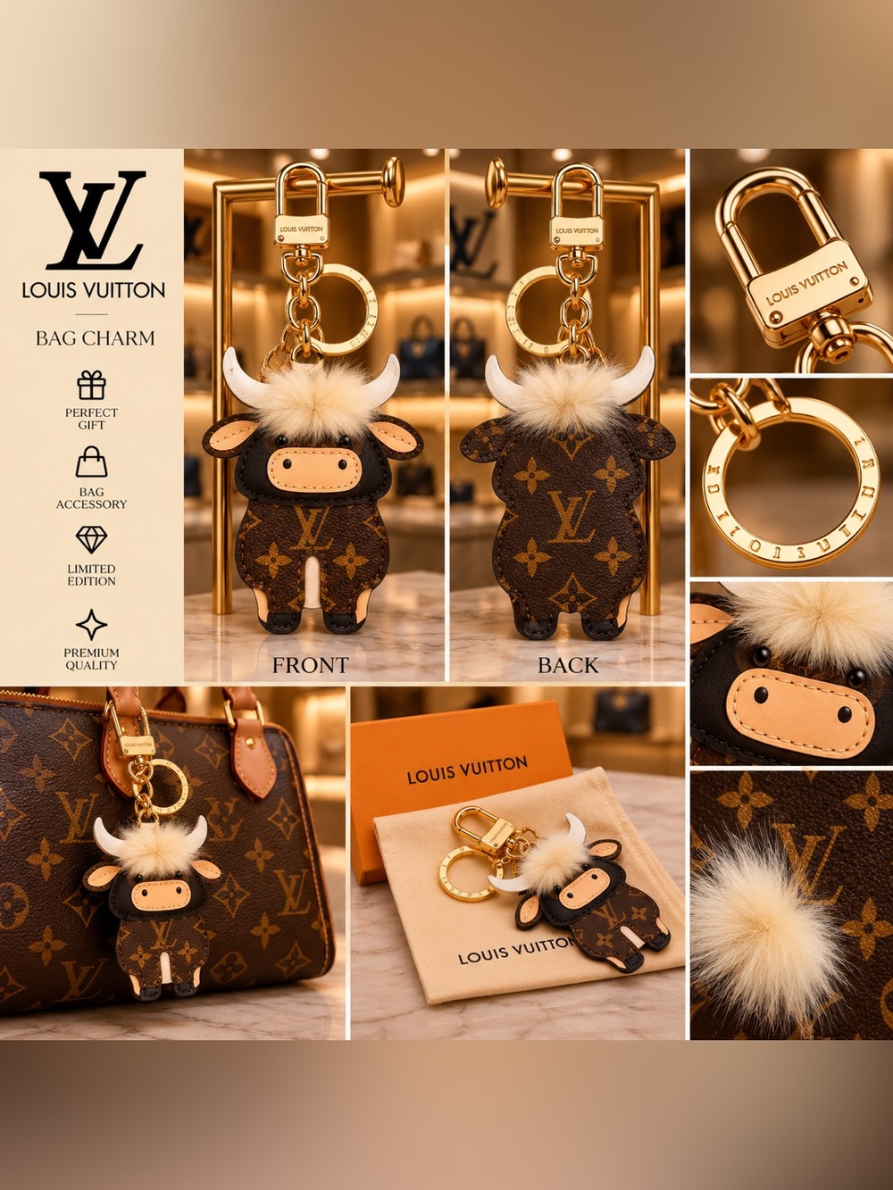 Brown & Beige Bull Keychain Bag Charm